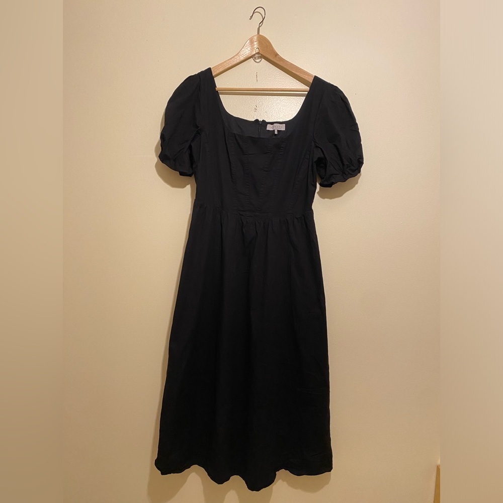 Wayf Black Midi Dress with Puff Sleeves. Size L